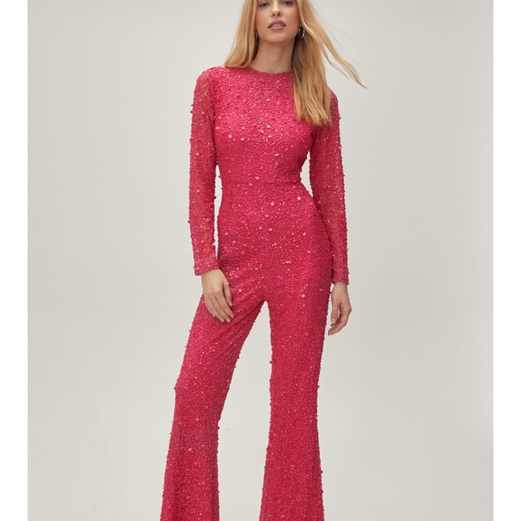 NWT NASTY GAL ~ Hot Pink Spangle-Beaded sequin Jumpsuit w/ Flared Leg ~ Size 4 - Picture 3 of 3